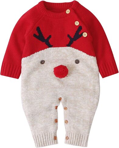 Newborn Baby Romper Christmas Jumpsuit Knitted Baby Clothes Reindeer Outfit (Red Reindeer in Kuwait