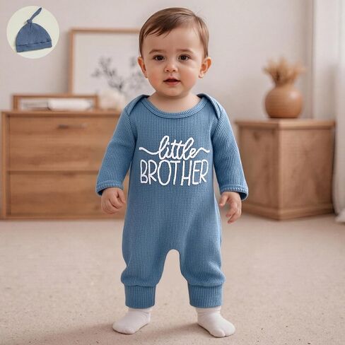 Honganda Newborn Boy Outfit Long Sleeve Little Brother Jumpsuit with Hat Set Baby Boy Coming Home Outfit Spring Fall Clothes in Kuwait