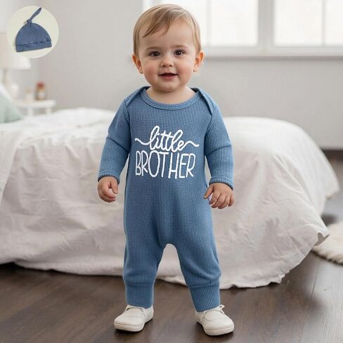 Honganda Newborn Boy Outfit Long Sleeve Little Brother Jumpsuit with Hat Set Baby Boy Coming Home Outfit Spring Fall Clothes in Kuwait