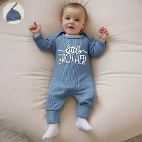 Honganda Newborn Boy Outfit Long Sleeve Little Brother Jumpsuit with Hat Set Baby Boy Coming Home Outfit Spring Fall Clothes in Kuwait