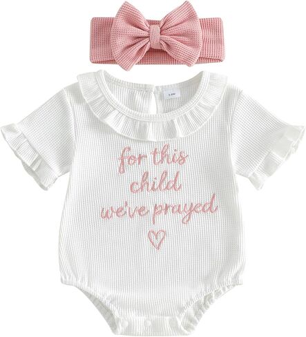 Gaono Preemie Newborn Baby Girl Waffle Romper Letter Embroidery Ruffled Bodysuit Funny Pregnancy Announcement Clothes 0-3M in Kuwait