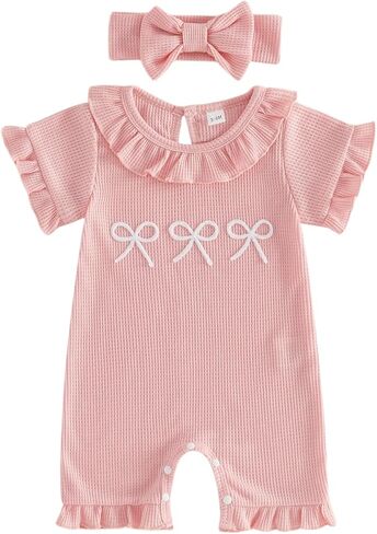 Newborn Baby Girl Summer Outfit Romper Letter Knit Ruffle Trim Jumpsuit Bodysuit Infant Waffle Clothes 3 6 9 Months in Kuwait