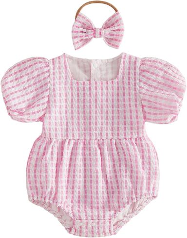 Kavousa Baby Girl Summer Clothes Short Sleeve Bubble Romper Jumpsuit With Headband Cute Infant Newborn Girl Outfits in Kuwait