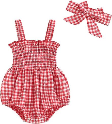 Newborn Baby Girl Summer Clothes Infant Sleeveless Plaid Smocked Romper Cute One Piece Bodysuit Headband in Kuwait