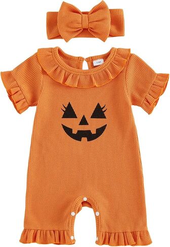 Amiblvowa Newborn Baby Girl Halloween Outfit Pumpkin Face Ruffle Romper with Headband Waffle Knit Infant One-piece Clothes in Kuwait