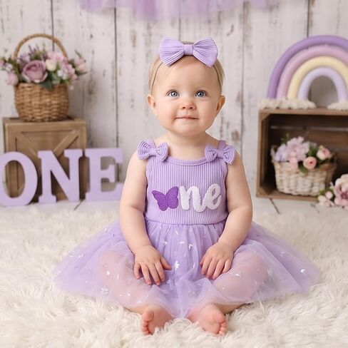FYMNSI First Birthday Outfit Girl Knit Romper Dress Baby Cake Smash Clothes | Baby Girls Outfits Ruffle Ribbed Knit Tulle Romper Tutu Dress and Headband for Summer Cake Smash, Newborn Photography in Kuwait