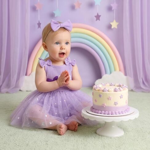 FYMNSI First Birthday Outfit Girl Knit Romper Dress Baby Cake Smash Clothes | Baby Girls Outfits Ruffle Ribbed Knit Tulle Romper Tutu Dress and Headband for Summer Cake Smash, Newborn Photography in Kuwait