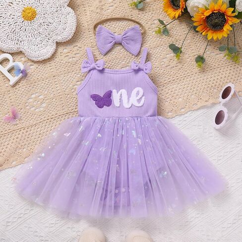 FYMNSI First Birthday Outfit Girl Knit Romper Dress Baby Cake Smash Clothes | Baby Girls Outfits Ruffle Ribbed Knit Tulle Romper Tutu Dress and Headband for Summer Cake Smash, Newborn Photography in Kuwait