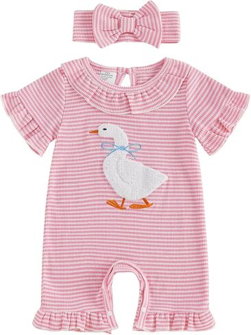 Newborn Baby Girl Outfit Goose Embroidery Ruffled Short Sleeve Waffle Knit Romper Striped One Piece Jumpsuit Headband in Kuwait