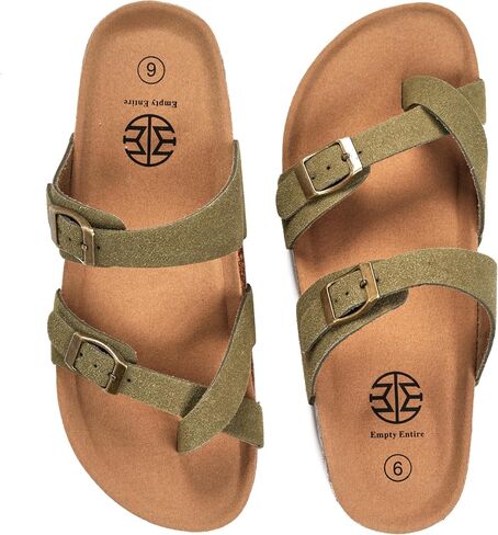 E E EMPTY Sandals Women Sandals | Cork Footbed with Arch Support, Soft Cushion, Adjustable Metal Buckle Faux Suede Flat Sandals, Comfy for Summer Slides in Kuwait