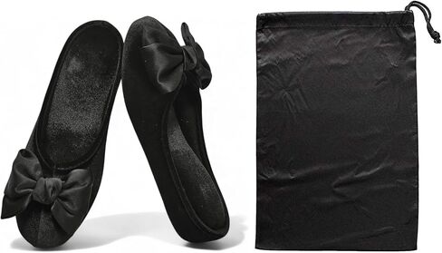 House slippers for women 1.5inch heel lift Bow Slippers with Storage Bag (L Size US size 7.5 - 8)sexy old lady ladies velvet satin fancy vintage Black travel slippers Indoor Shoes Non-Slip Spa Hotel cute pantuflas para mujer bedroom bride ballet Guest Jap in Kuwait