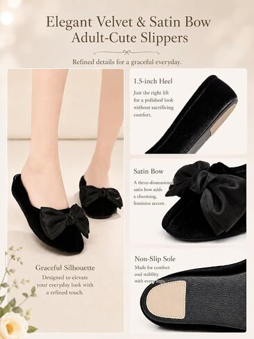 House slippers for women 1.5inch heel lift Bow Slippers with Storage Bag (L Size US size 7.5 - 8)sexy old lady ladies velvet satin fancy vintage Black travel slippers Indoor Shoes Non-Slip Spa Hotel cute pantuflas para mujer bedroom bride ballet Guest Jap in Kuwait