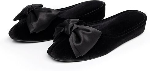 House slippers for women 1.5inch heel lift Bow Slippers with Storage Bag (L Size US size 7.5 - 8)sexy old lady ladies velvet satin fancy vintage Black travel slippers Indoor Shoes Non-Slip Spa Hotel cute pantuflas para mujer bedroom bride ballet Guest Jap in Kuwait