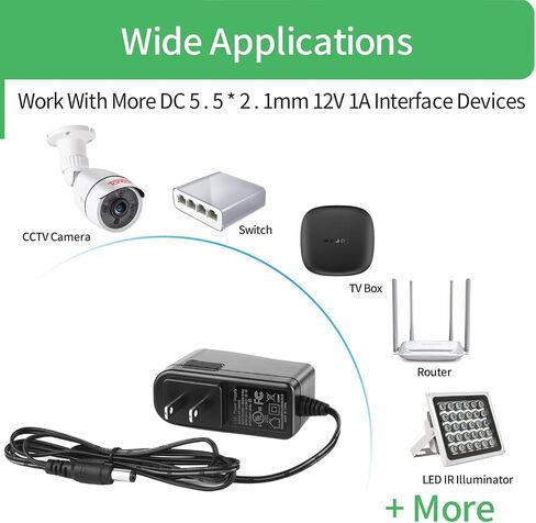 12V 1A Power Supply Adapter for Led Light AC 100-240V to DC 12V Power Cord 5.5mm x 2.1mm for CCTV Camera, Speaker, Router, Printer, Keyboard, UL Listed 3.9ft in Kuwait