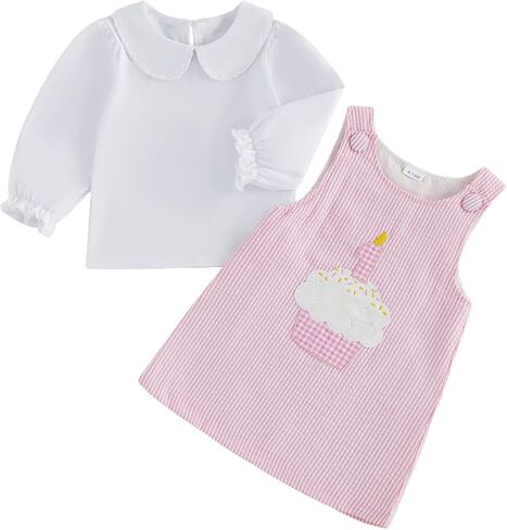 Bagilaanoe First/Second Birthday Outfit Baby Girl Long Sleeve Shirt+Striped Sleeveless Dress Smash Cake Clothes in Kuwait