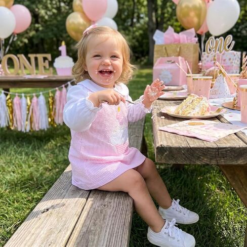 Bagilaanoe First/Second Birthday Outfit Baby Girl Long Sleeve Shirt+Striped Sleeveless Dress Smash Cake Clothes in Kuwait