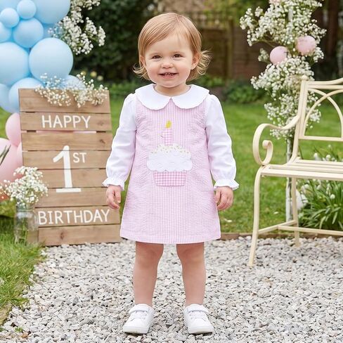 Bagilaanoe First/Second Birthday Outfit Baby Girl Long Sleeve Shirt+Striped Sleeveless Dress Smash Cake Clothes in Kuwait