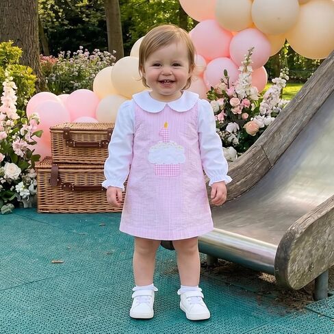 Bagilaanoe First/Second Birthday Outfit Baby Girl Long Sleeve Shirt+Striped Sleeveless Dress Smash Cake Clothes in Kuwait