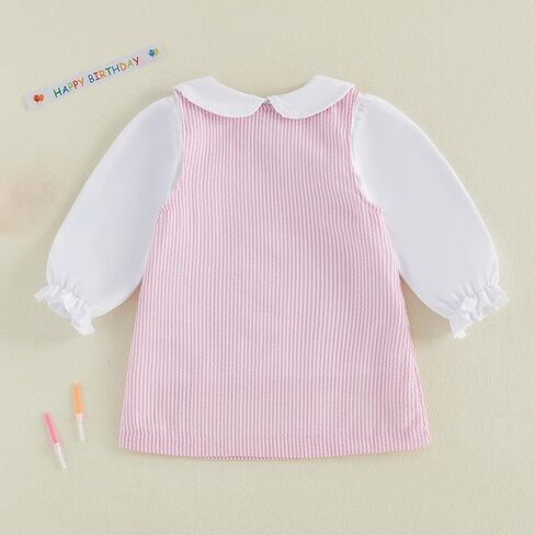 Bagilaanoe First/Second Birthday Outfit Baby Girl Long Sleeve Shirt+Striped Sleeveless Dress Smash Cake Clothes in Kuwait