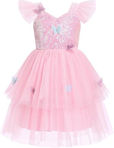 IDOPIP Toddler Baby Girls Shiny Butterfly Tutu Dress Princess Butterfly 1st Birthday Party Dresses Pageant Tulle Sequin Flower Girl Wedding First Communion Baptism Gown for Photoshoot Pink 2-3 Years in Kuwait
