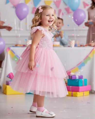 IDOPIP Toddler Baby Girls Shiny Butterfly Tutu Dress Princess Butterfly 1st Birthday Party Dresses Pageant Tulle Sequin Flower Girl Wedding First Communion Baptism Gown for Photoshoot Pink 2-3 Years in Kuwait
