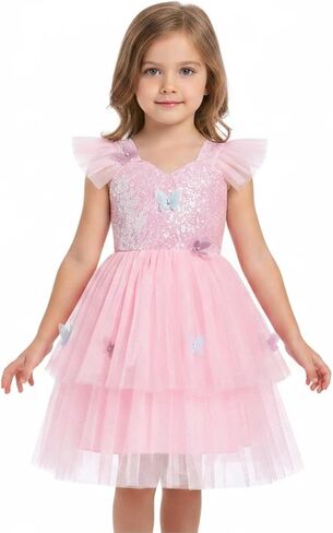 IDOPIP Toddler Baby Girls Shiny Butterfly Tutu Dress Princess Butterfly 1st Birthday Party Dresses Pageant Tulle Sequin Flower Girl Wedding First Communion Baptism Gown for Photoshoot Pink 2-3 Years in Kuwait