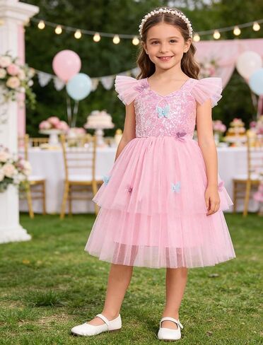 IDOPIP Toddler Baby Girls Shiny Butterfly Tutu Dress Princess Butterfly 1st Birthday Party Dresses Pageant Tulle Sequin Flower Girl Wedding First Communion Baptism Gown for Photoshoot Pink 2-3 Years in Kuwait