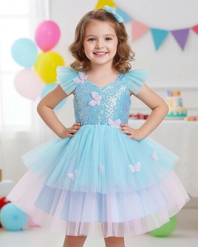 IDOPIP Toddler Baby Girls Shiny Butterfly Tutu Dress Princess Butterfly 1st Birthday Party Dresses Pageant Tulle Sequin Flower Girl Wedding First Communion Baptism Gown for Photoshoot Blue 5-6 Years in Kuwait
