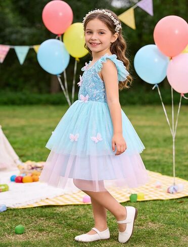 IDOPIP Toddler Baby Girls Shiny Butterfly Tutu Dress Princess Butterfly 1st Birthday Party Dresses Pageant Tulle Sequin Flower Girl Wedding First Communion Baptism Gown for Photoshoot Blue 5-6 Years in Kuwait