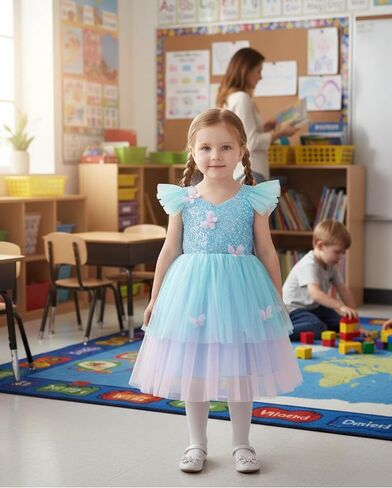 IDOPIP Toddler Baby Girls Shiny Butterfly Tutu Dress Princess Butterfly 1st Birthday Party Dresses Pageant Tulle Sequin Flower Girl Wedding First Communion Baptism Gown for Photoshoot Blue 5-6 Years in Kuwait
