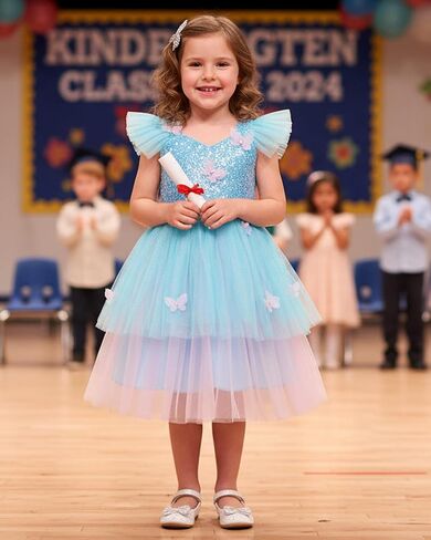 IDOPIP Toddler Baby Girls Shiny Butterfly Tutu Dress Princess Butterfly 1st Birthday Party Dresses Pageant Tulle Sequin Flower Girl Wedding First Communion Baptism Gown for Photoshoot Blue 5-6 Years in Kuwait