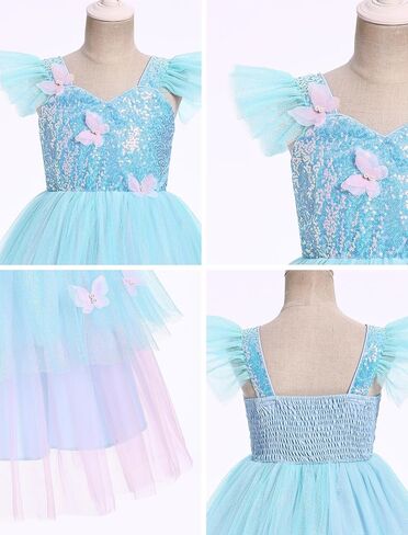 IDOPIP Toddler Baby Girls Shiny Butterfly Tutu Dress Princess Butterfly 1st Birthday Party Dresses Pageant Tulle Sequin Flower Girl Wedding First Communion Baptism Gown for Photoshoot Blue 5-6 Years in Kuwait