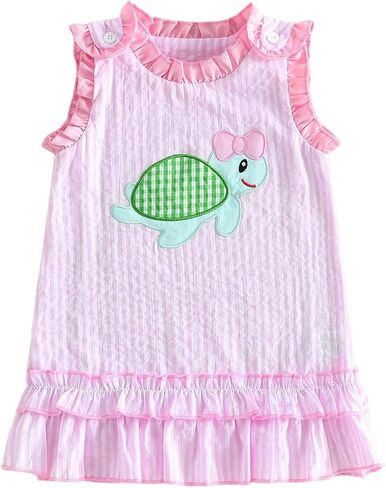 Toddler Girl Sea Turtle Embroidery Seersucker Ruffle Dress | Cute Ocean Themed Dress with Sea Turtle Embroidery, Striped Seersucker Fabric, Sleeveless, Ruffle Hem, Perfect for Beach in Kuwait