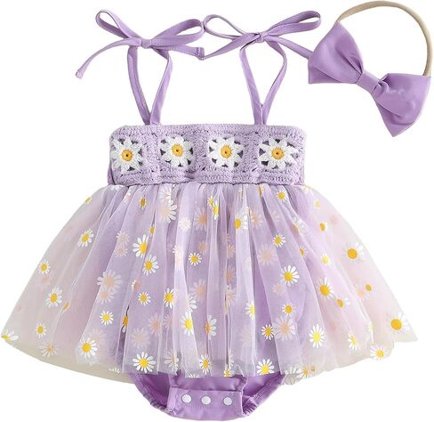 Baby Girl Tulle Daisy Fairy Princess Dress Crochet Romper Dress Infant Newborn Party Holiday Outfit with Headband in Kuwait