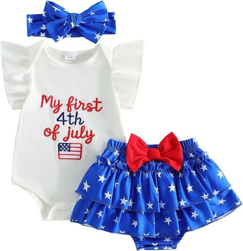 Adobabirl 4th of July Baby Girl Outfits My First 4th of July Romper Onesie Layered Skort Headband Cute Patriotic Clothes in Kuwait