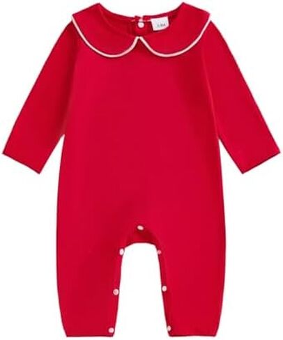 Balaflyie Baby Jumpsuit Cotton Long Sleeve Romper Plain Coming Home Outfit | Infant One-Piece Fall Clothes,Classical Peter Pan Collar,Solid Color,Scalloped or Piping Trim,Christmas Jumpsuit in Kuwait
