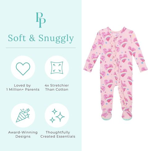 Posh Peanut Footie Pajamas for Baby Girls, Soft Viscose Derived from Bamboo | Footed Grips, True To Size Snug Fit, And Easy Care Wash, Ruffle Bodice With 2-Way Zipper for Easy Access, in Kuwait