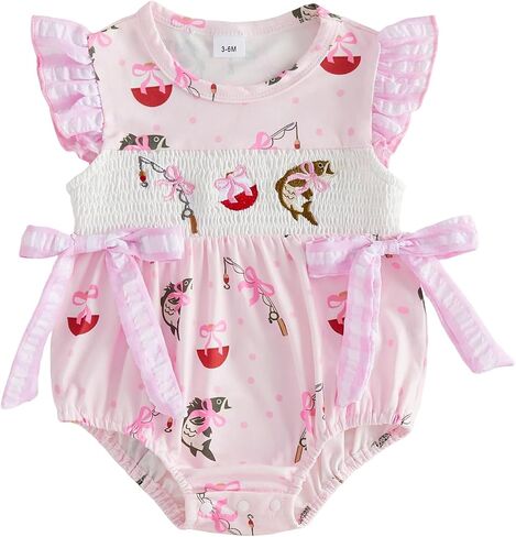 Infant Baby Girl Outfit Fishing Themed Embroidery Flying Sleeve Smocked Bubble Romper Gingham Bodysuit Summer Clothes in Kuwait