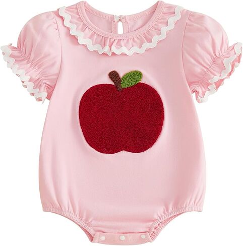 Baby Girl Back to School Bubble Romper Apple Short Sleeve Bodysuit | Cute Baby Girl Romper with Apple Embroidery and Short Sleeves, Perfect for Preschool, Kindergarten, and Picture Day in Kuwait