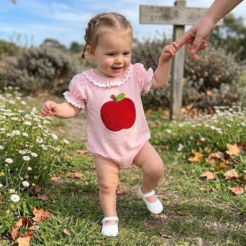 Baby Girl Back to School Bubble Romper Apple Short Sleeve Bodysuit | Cute Baby Girl Romper with Apple Embroidery and Short Sleeves, Perfect for Preschool, Kindergarten, and Picture Day in Kuwait