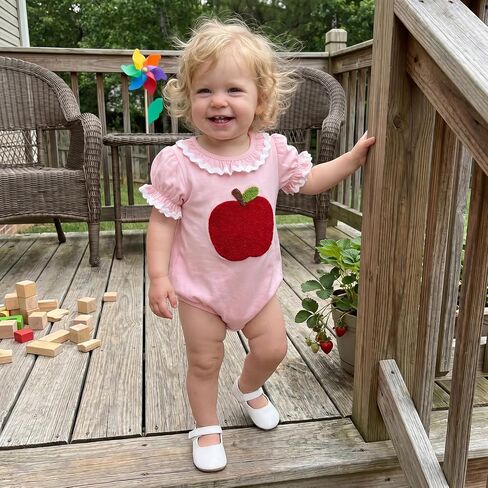 Baby Girl Back to School Bubble Romper Apple Short Sleeve Bodysuit | Cute Baby Girl Romper with Apple Embroidery and Short Sleeves, Perfect for Preschool, Kindergarten, and Picture Day in Kuwait