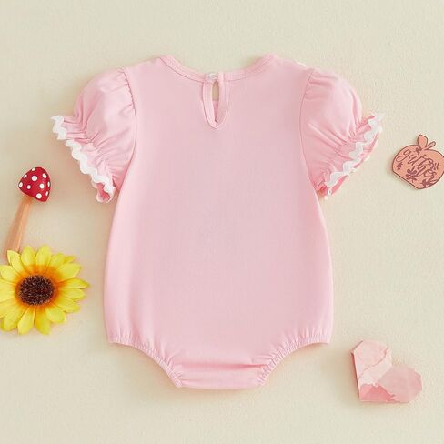 Baby Girl Back to School Bubble Romper Apple Short Sleeve Bodysuit | Cute Baby Girl Romper with Apple Embroidery and Short Sleeves, Perfect for Preschool, Kindergarten, and Picture Day in Kuwait