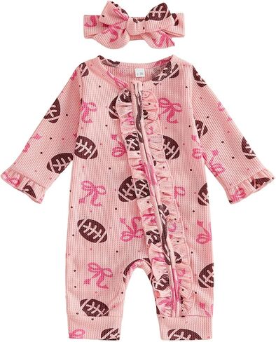 Baby Girl Football Outift Football Bow Print Romper Headband Fall Clothes in Kuwait