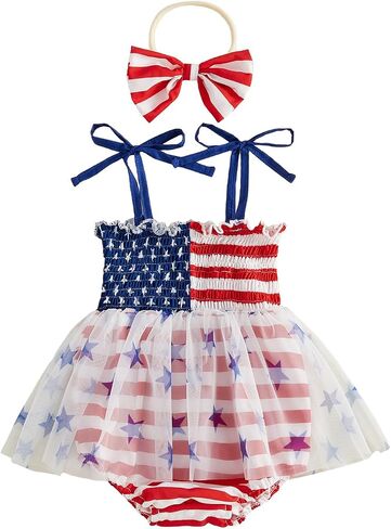 Sasaerucure Baby Girl 4th of July American Flag Romper Dress | Newborn Infant 4th of July Outfit American Flag Onesie Stars and Stripes Romper Dress + Headband in Kuwait