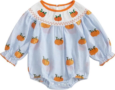 Gaono Hallowween Smocked Baby Girl Clothes Bubble Romper Long Sleeve Pumpkin Vintage Doll Bodysuit Jumpsuit Fall Outfit in Kuwait