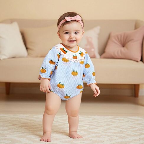 Gaono Hallowween Smocked Baby Girl Clothes Bubble Romper Long Sleeve Pumpkin Vintage Doll Bodysuit Jumpsuit Fall Outfit in Kuwait