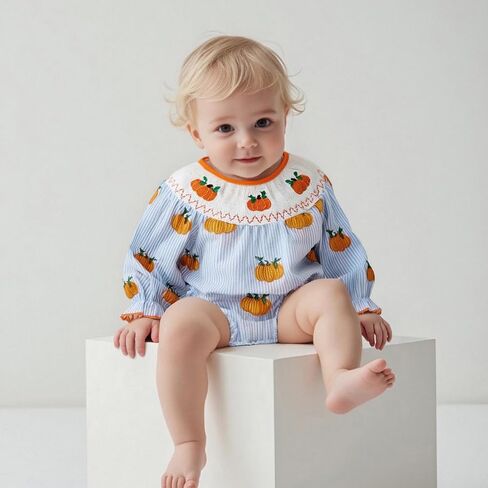 Gaono Hallowween Smocked Baby Girl Clothes Bubble Romper Long Sleeve Pumpkin Vintage Doll Bodysuit Jumpsuit Fall Outfit in Kuwait