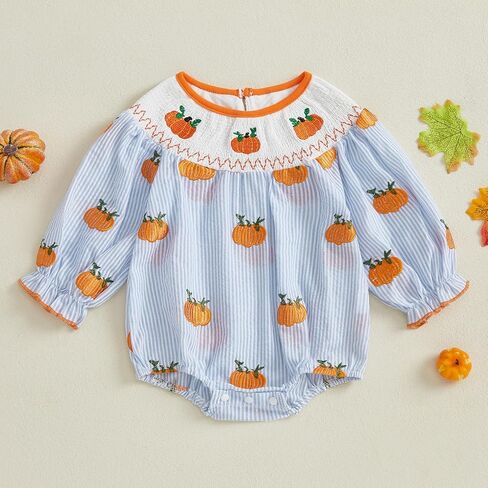 Gaono Hallowween Smocked Baby Girl Clothes Bubble Romper Long Sleeve Pumpkin Vintage Doll Bodysuit Jumpsuit Fall Outfit in Kuwait