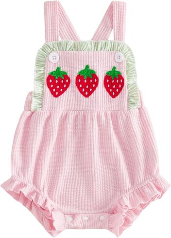 Baby Girl Summer Rompers Strawberry/Watermelon Embroidery Ruffle Bubble Overalls Cute Infant One Piece Jumpsuits in Kuwait