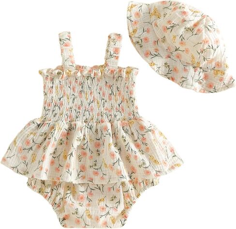 Seyurigaoka Infant Baby Girl Outfit Summer Clothes Floral Boho Smocked Romper Sleeveless Bodysuit Sundress with Hat in Kuwait